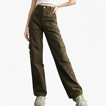 Women's Mid-Rise Utility Cargo Pants - Adjustable Waist Tapered Leg with Patch Pockets
