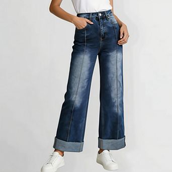 Women's Vintage Center Seam Wide Leg Jeans - High Waist Straight Denim Pants with Cuffed Hem