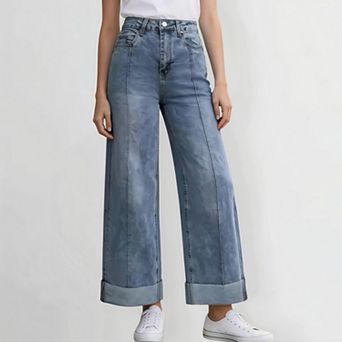 Women's Vintage Center Seam Wide Leg Jeans - High Waist Straight Denim Pants with Cuffed Hem
