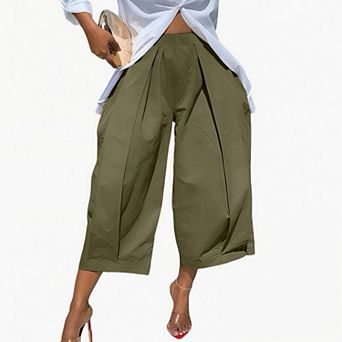 Women's High Waist Elastic Waist Wide Leg Pants - Relaxed Fit Casual Flowy Trousers
