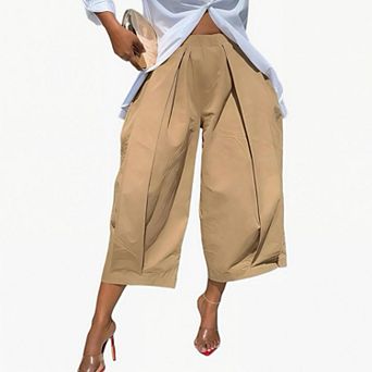 Women's High Waist Elastic Waist Wide Leg Pants - Relaxed Fit Casual Flowy Trousers