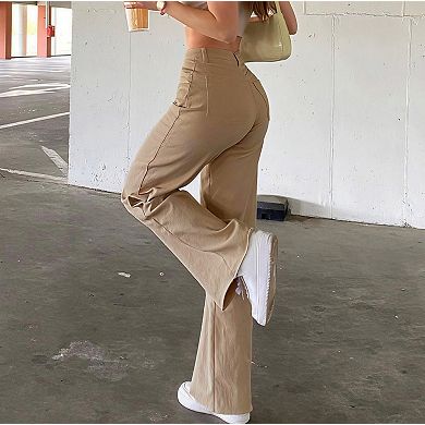 Women's High Waist Structured Casual Pants - Solid Color Slim Fit Trousers with Tailored Finish