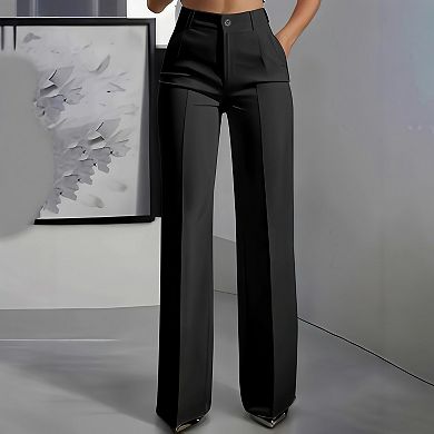Women's High Waist Straight Leg Trousers - Fluid Drape Minimalist Work Pants with Tailored Fit
