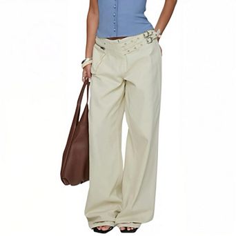 Women’s Loose Fit Pants with Side Pockets, Casual Wide Leg Trousers with Utility Pocket Detail