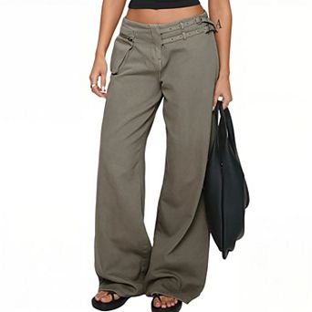 Women’s Loose Fit Pants with Side Pockets, Casual Wide Leg Trousers with Utility Pocket Detail