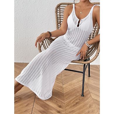 Women's Solid Color Crochet Knit V-Neck Sleeveless Maxi Dress