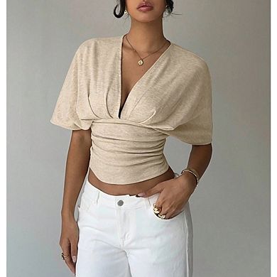 Women's Y2k Deep V Neck Dolman Sleeve Tops Cute T Shirt Crop Tops