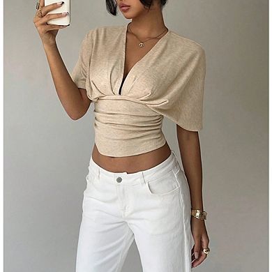 Women's Y2k Deep V Neck Dolman Sleeve Tops Cute T Shirt Crop Tops