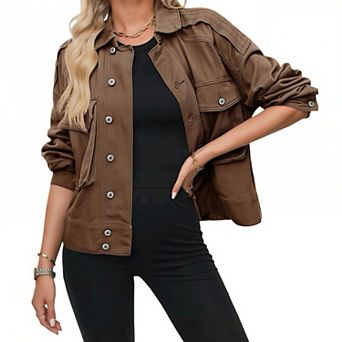 Women’s Solid Denim Jacket, Casual Classic Jean Coat with Button Down, Lightweight Trucker Style