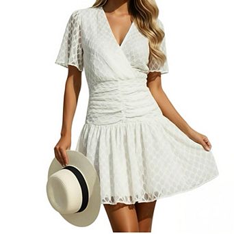 Women’s V Neck Short Sleeve Dress, Ruched Waist Midi Dress with Feminine Fit, Summer Casual