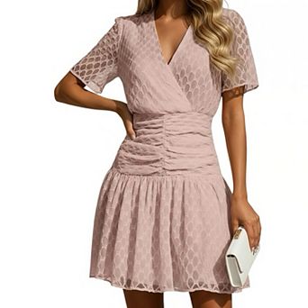 Women’s V Neck Short Sleeve Dress, Ruched Waist Midi Dress with Feminine Fit, Summer Casual