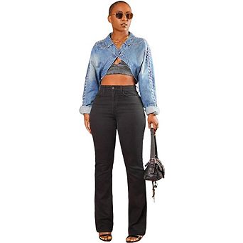 Women's Long Sleeve Cropped Denim Jacket with Rhinestone Detail