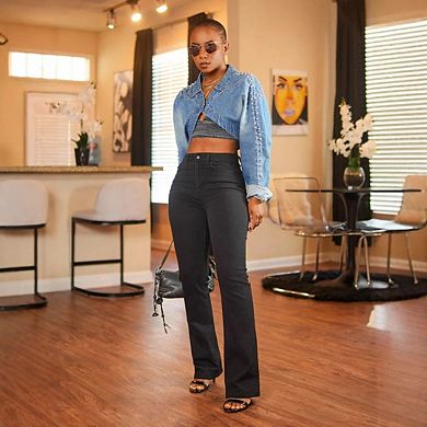 Women's Long Sleeve Cropped Denim Jacket with Rhinestone Detail