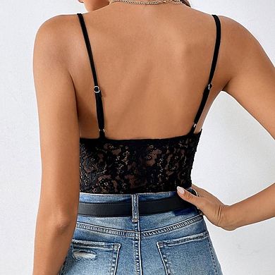 Women's Sheer Mesh Lace Bodysuit Spaghetti Strap Bustier Corset Tops