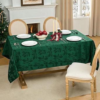 Christmas Jacquard Rectangle Tablecloth 60x84 Inch Waterproof Holly Damask Fabric