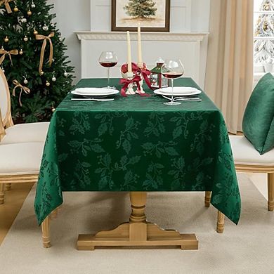 Christmas Jacquard Rectangle Tablecloth 60x84 Inch Waterproof Holly Damask Fabric