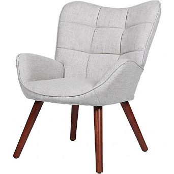 Modern Linen Upholstered Chair, High Back Accent Chair with Sturdy Wood Legs for Living Room Bedroom