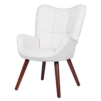 Modern Linen Upholstered Chair, High Back Accent Chair with Sturdy Wood Legs for Living Room Bedroom