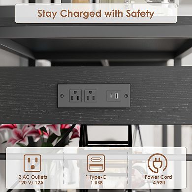 Kitchen Bakers Rack with Power Outlet Industrial Microwave Stand with Storage, Freestanding Shelf