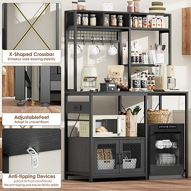 Kitchen Bakers Rack with Power Outlet Industrial Microwave Stand with Storage, Freestanding Shelf