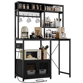 Kitchen Bakers Rack with Power Outlet Industrial Microwave Stand with Storage, Freestanding Shelf