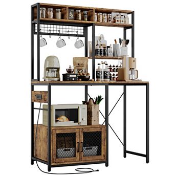Kitchen Bakers Rack with Power Outlet Industrial Microwave Stand with Storage, Freestanding Shelf
