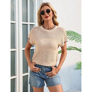 Women Short Sleeve Crochet Top Hollow Out Vacation Outfit