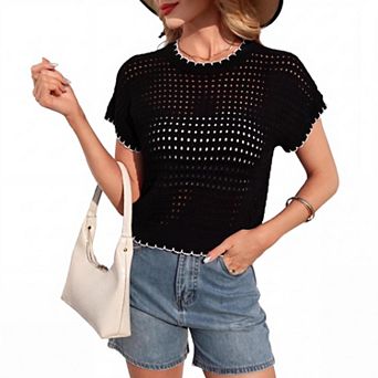 Women Short Sleeve Crochet Top Hollow Out Vacation Outfit