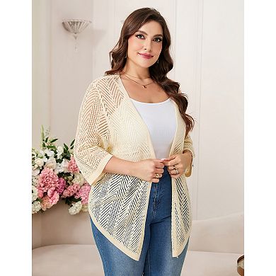 Plus Size Women Casual Short Sleeve Hollow Out Knit Cardigan