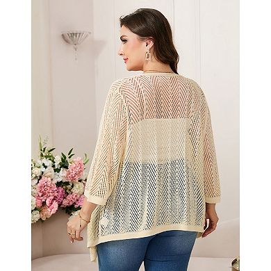 Plus Size Women Casual Short Sleeve Hollow Out Knit Cardigan