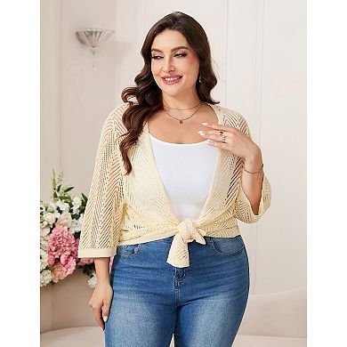 Plus Size Women Casual Short Sleeve Hollow Out Knit Cardigan