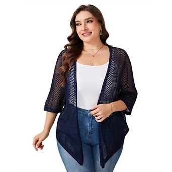 Plus Size Women Casual Short Sleeve Hollow Out Knit Cardigan