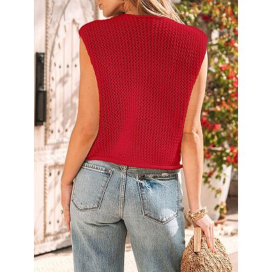 Women Crew Neck Sweater Vest Sleeveless Button Down Top