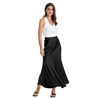 Women's Summer Satin Fishtail Skirt, Elastic High Waist Slim Elegant Office Casual Long Skirt
