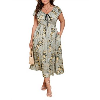 Women's Plus Size V-Neck Ruffle Sleeve Midi Dress, Tie Front Floral Casual Dress with Pockets
