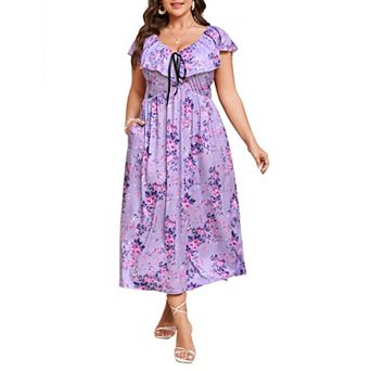 Women's Plus Size V-Neck Ruffle Sleeve Midi Dress, Tie Front Floral Casual Dress with Pockets