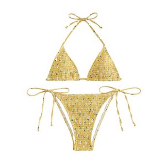 Women's Two Piece Swimsuit Halter Bikini Top and Triangle Bottom Set Summer Floral Bathing Suit