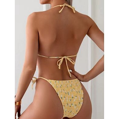 Women's Floral Swimsuit Two Piece Bathing Suit Summer Halter Bikini Top and Triangle Bottom Set