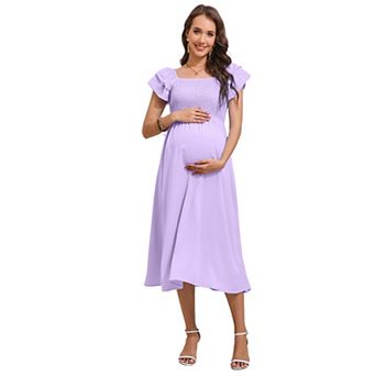 Maternity Square Neck Ruffle Sleeve Midi Dress, Smocked Waist Casual Dress