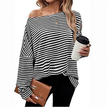 Women's Off Shoulder Striped Knit Sweater Casual Loose Long Sleeve Pullover Top Knit Shirt