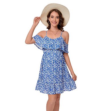 Maternity Cold-Shoulder Spaghetti Strap Mini Dress, Ruffle Floral Casual Dress