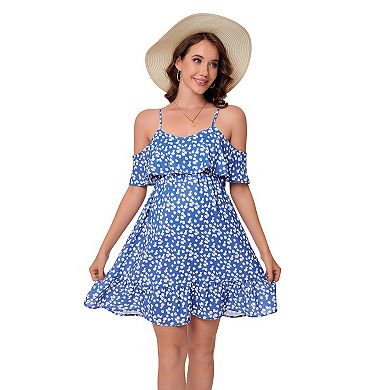 Maternity Cold-Shoulder Spaghetti Strap Mini Dress, Ruffle Floral Casual Dress