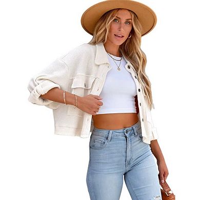 Women's Fashion Cropped Shacket Button Down Waffle Jackets Casual Long Sleeve Coat Tops