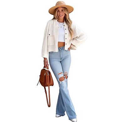 Women's Fashion Cropped Shacket Button Down Waffle Jackets Casual Long Sleeve Coat Tops