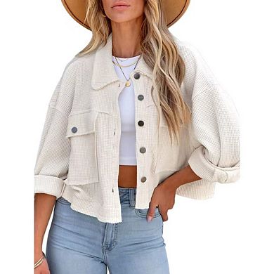 Women's Fashion Cropped Shacket Button Down Waffle Jackets Casual Long Sleeve Coat Tops
