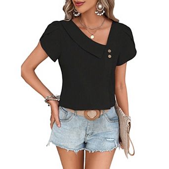 Summer Tops for Women Asymmetrical V Neck Tees Fashion Petal Sleeve T Shirts Casual Blouse