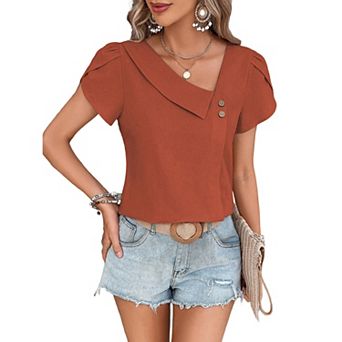 Summer Tops for Women Asymmetrical V Neck Tees Fashion Petal Sleeve T Shirts Casual Blouse