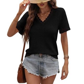 V Neck Tops for Women Waffle Knit Shirts Lace Trim Short Sleeve Casual Loose Blouse