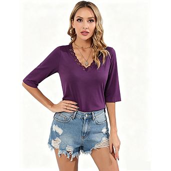 Women's Lace Trim V-Neck Top Short Sleeve Fitted Casual Daily Office Wear