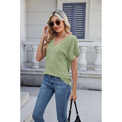 Knit Tops for Women Summer Short Sleeve Sweater V Neck Casual Loose Fit ...